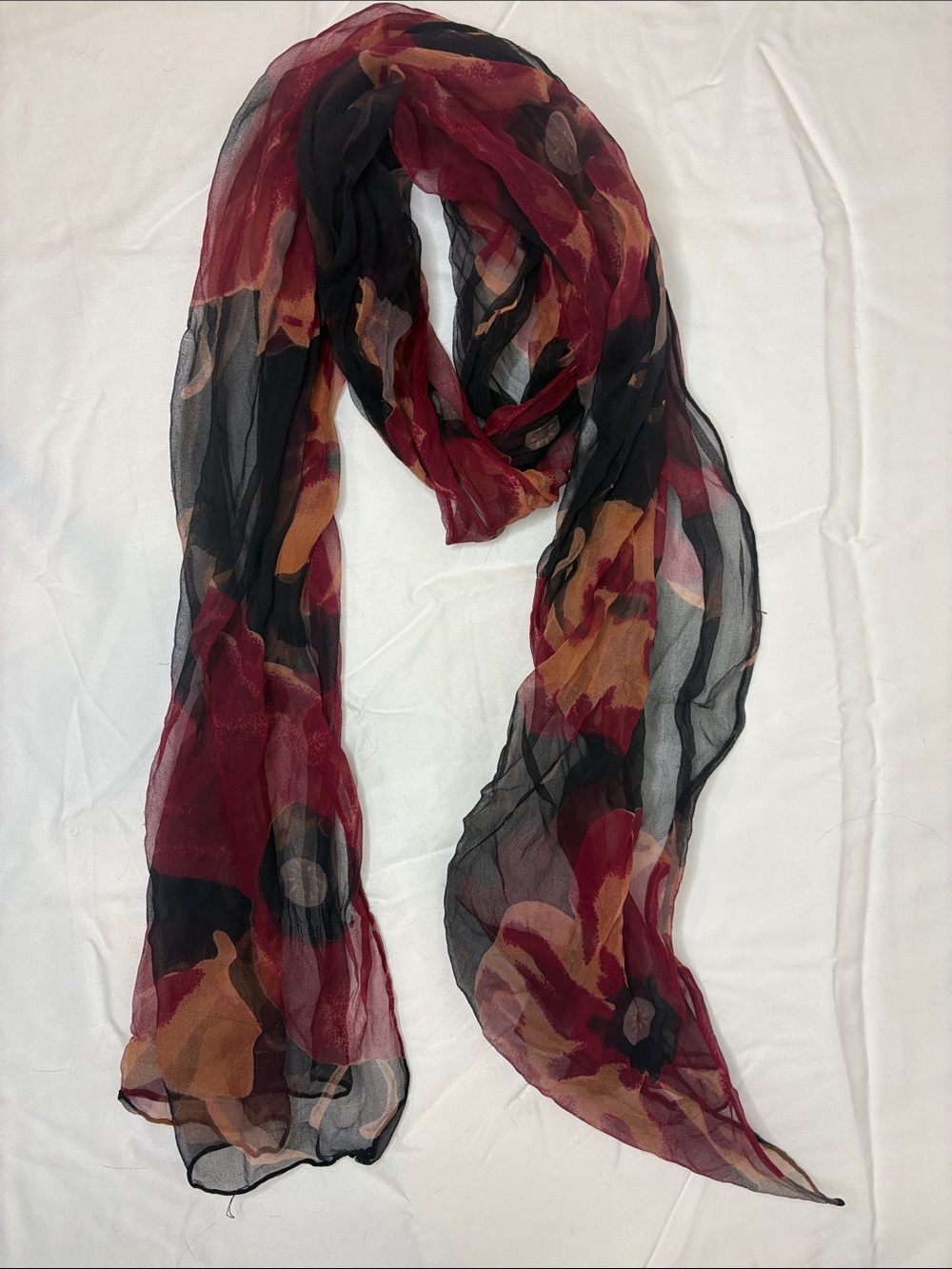 Women's Sheer Floral Scarf - Burgundy, Black & Tan